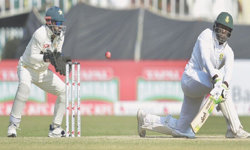 RAWALPINDI: South African batter Senuran Muthusamy plays a shot during the second Test against Pakistan at the Rawalpindi Cricket Stadium on Wednesday.&mdash;Tanveer Shahzad/White Star