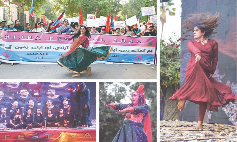 (Clockwise from top left) Members of the trans community march on Burns Garden on Saturday; Senorita, nicknamed &lsquo;Laal Pari&rsquo; dances to her heart&rsquo;s content; Hina Gul performs to a film song by Naheed Akhtar; and, artists stage a play about finding acceptance in society as trans persons during Hijra Festival.&mdash;APP / Fahim Siddiqi / White Star