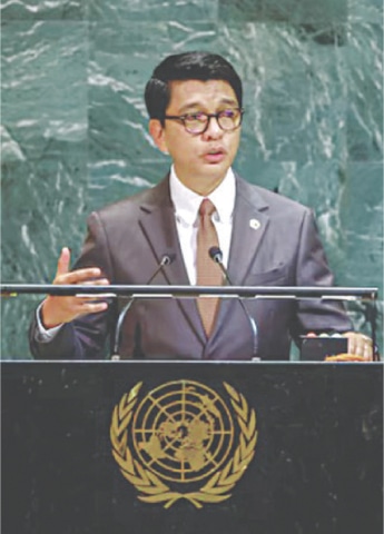 A Sept 24 file photo shows then Mada&shy;gas&shy;can president Andry Nirina Rajoelina addressing the UN General Assembly session in New York.&mdash;Reuters