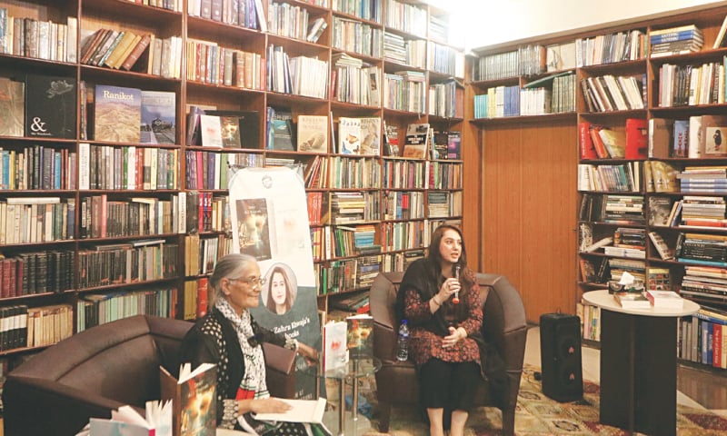 The author (right) in discussion with moderator Tahira Abdullah at the launch of her book in Lahore | Saleha Zahra Khwaja