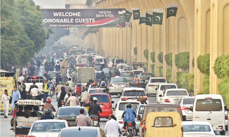 A massive traffic jam seen on Murree Road during the Pakistan-South Africa cricket match at Rawalpindi Cricket Stadium on Tuesday. &mdash; Photo by Mohammad Asim