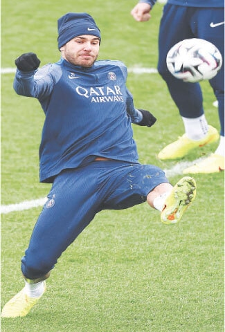 PARIS: Lucas Hernandez of Paris Saint-Germain controls the ball during a training session at the Campus Paris Saint-Germain on Tuesday. Leaders PSG will visit lowly Lorient in their Ligue 1 match on Wednesday.—AFP