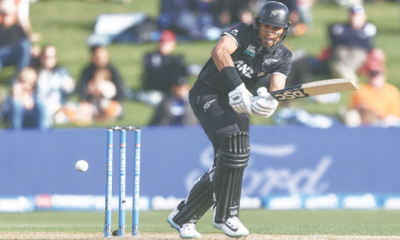 HAMILTON: New Zealand opener Rachin Ravindra plays a shot during the second One-day International against England at Seddon Park on Wednesday.&mdash;AFP