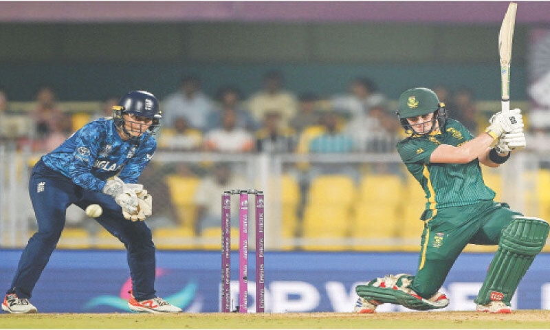 GUWAHATI: South African captain Laura Wolvaardt plays a shot during the Women’s World Cup semi-final against England at the Barsapara Cricket Stadium on Wednesday.—AFP GUWAHATI: South African captain Laura Wolvaardt plays a shot during the Women’s World Cup semi-final against England at the Barsapara Cricket Stadium on Wednesday.—AFP