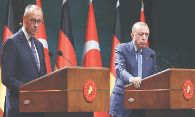 Ankara: Turkish President Recep Tayyip Erdogan and German Chancellor Friedrich Merz attend a press conference at the presidential palace.&mdash;Reuters