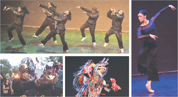 (Clockwise from top left) A group of street dancers from Congo; a member of American group &lsquo;Ballet Beyond Borders&rsquo;; another member of the same group in a colourful costume, and, renowned sculptor Amin Gulgee perform at the Arts Council.&mdash;Fahim Siddiqi / Shakil Adil / White Star