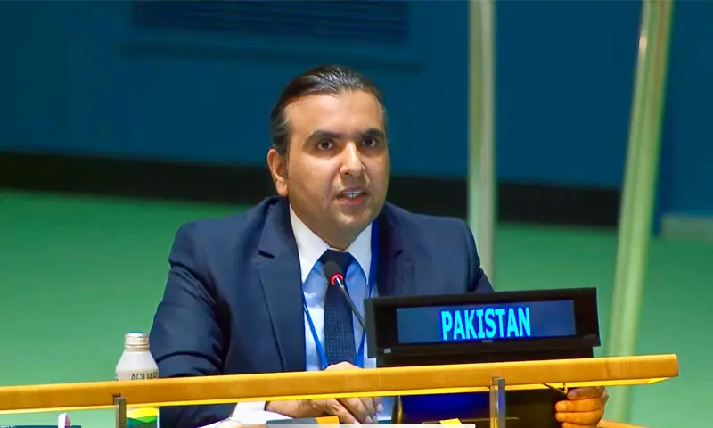 فرسٹ سیکریٹری سرفراز احمد گوہر نے بھارتی نمائندے کے ریمارکس پر جواب کا حق استعمال کیا — فوٹو: ایکس/پاکستان مشن یو این فرسٹ سیکریٹری سرفراز احمد گوہر نے بھارتی نمائندے کے ریمارکس پر جواب کا حق استعمال کیا — فوٹو: ایکس/پاکستان مشن یو این