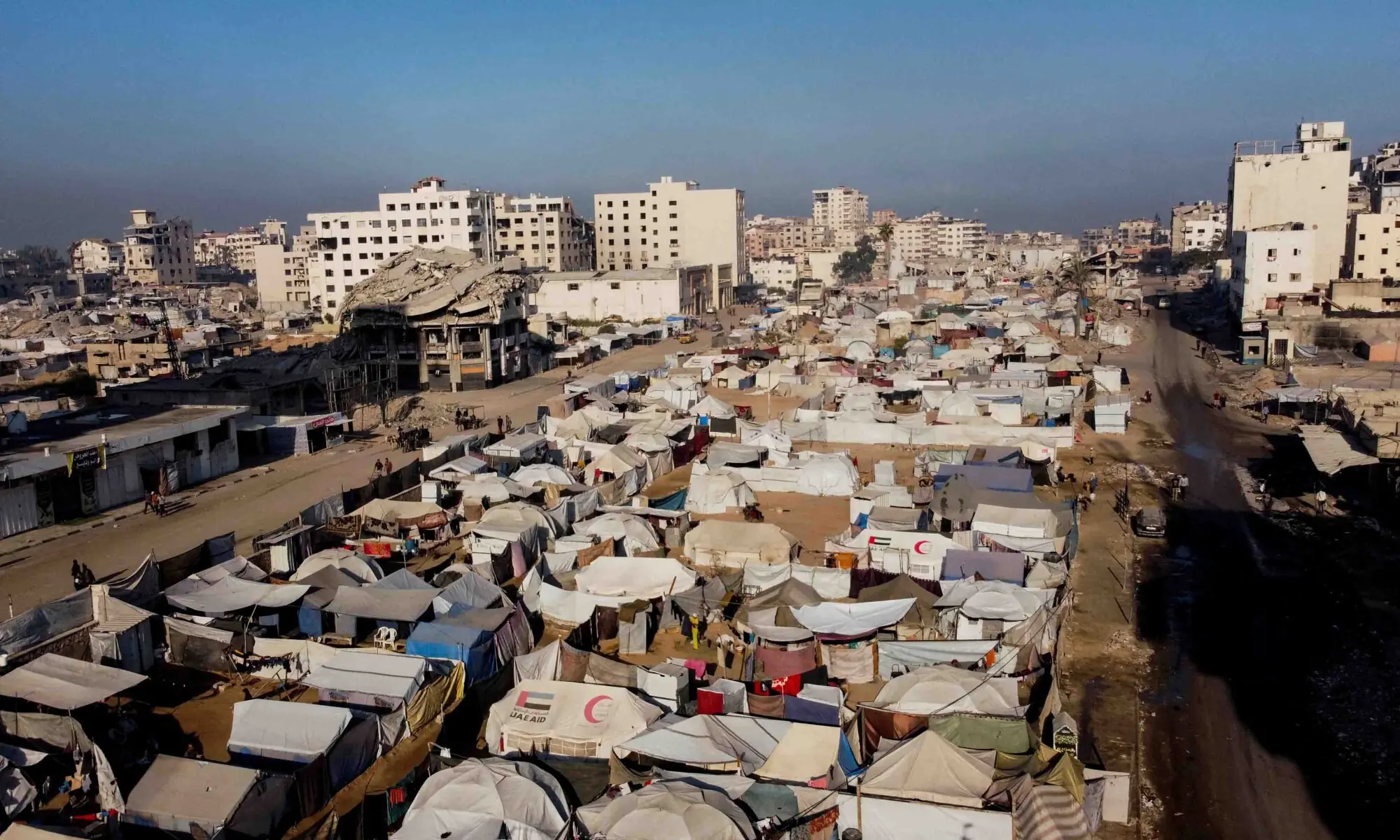 A drone view shows tents of displaced Palestinians, in Gaza City on October 28, 2025. &mdash; Reuters