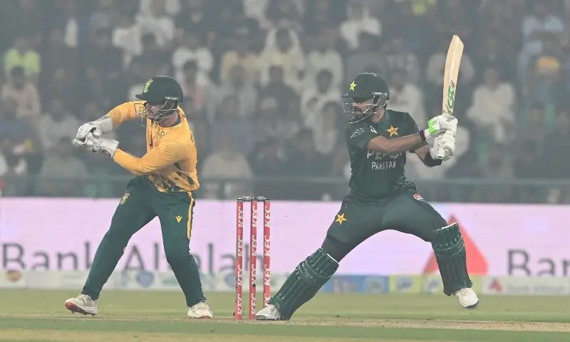 Babar Azam plays a shot during the third and final Twenty20 international cricket match between Pakistan and South Africa at the Gaddafi Stadium in Lahore on November 1. &mdash; M. Arif