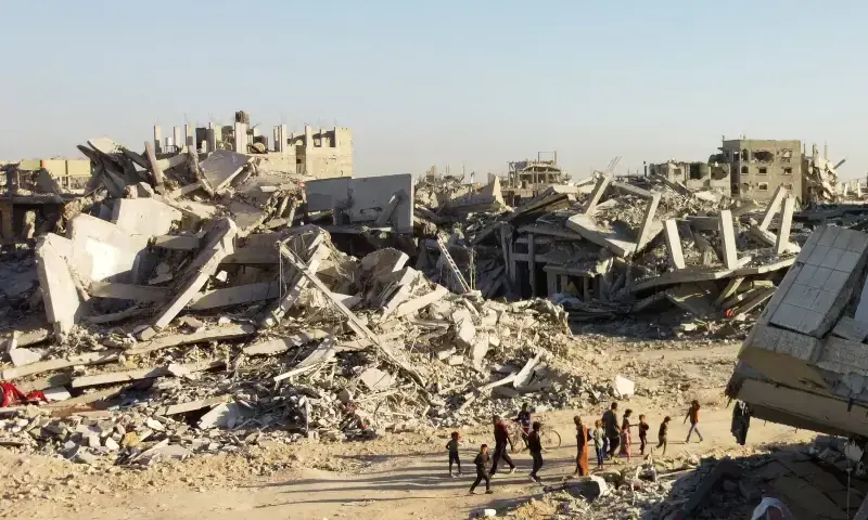 A drone view shows the destruction in a residential neighborhood, after the withdrawal of the Israeli forces from the area, amid a ceasefire between Israel and Hamas in Gaza, in Gaza City on October 25, 2025. &mdash; Reuters