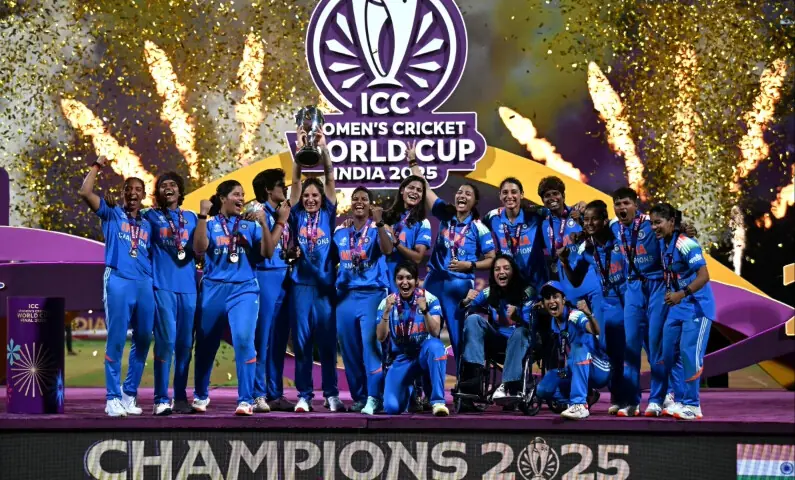 Indian players celebrate with the trophy after winning the ICC Women’s World Cup final against South Africa at the DY Patil Stadium in Navi Mumbai on November 3, 2025.–AFP Indian players celebrate with the trophy after winning the ICC Women’s World Cup final against South Africa at the DY Patil Stadium in Navi Mumbai on November 3, 2025.–AFP
