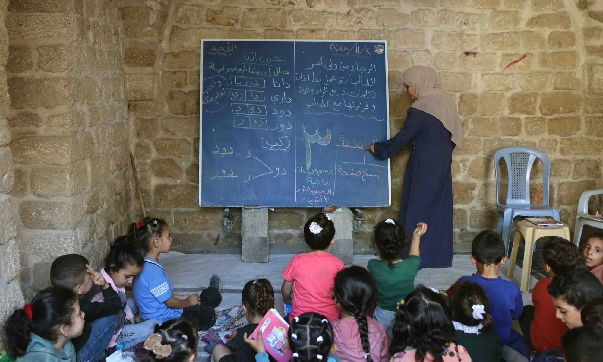 GAZA CITY: Palestinian children attend a class in the historic Al-Kamaliya Al-Othmanya school in the Old Town as part of a volunteer initiative organised by displaced teachers. Children began returning to classrooms in the devastated Palestinian territory last week after the UN announced the reopening of some schools. According to UNRWA, more than 25,000 schoolchildren have already joined temporary learning spaces set up by the agency.&mdash;AFP