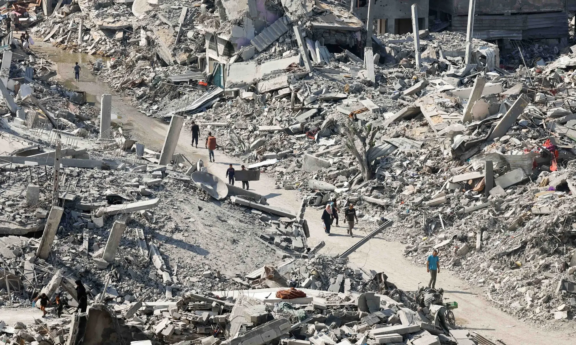 Palestinians walk past the rubble of destroyed buildings, amid a ceasefire between Israel and Hamas, in Gaza City, November 2, 2025. &mdash; Reuters