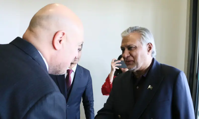 Deputy Prime Minister and Foreign Minister Senator Ishaq Dar is received by Ambassador Ahmet Cemil Miroğlu and Pakistan Embassy officials in Istanbul on November 3. &mdash; ForeignOfficePk/X