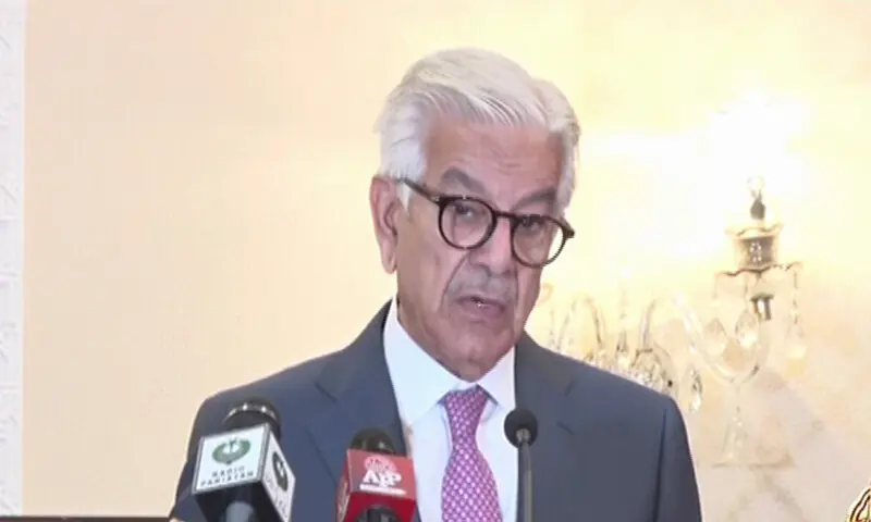 Defence Minister Khawaja Asif addresses a seminar on Monday. — DawnNewsTV Defence Minister Khawaja Asif addresses a seminar on Monday. — DawnNewsTV