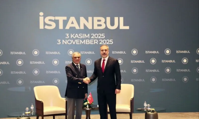 Deputy Prime Minister and Foreign Minister Senator Ishaq Dar (left) shakes hands with his Turkish counterpart Hakan Fidan on the sidelines of Coordination Meeting of Arab-Islamic Foreign Ministers on Gaza in Istanbul, on November 3, 2025. &mdash; X/ @ForeignOfficePk