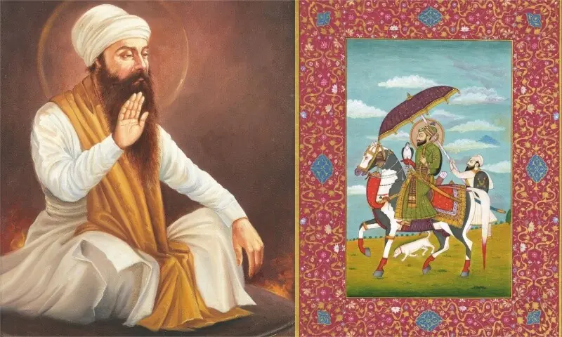 Painting of Guru Arjun enduring his martyrdom by Indian artist Bodhraj in 1987 (left) and undated painting of Guru Gobind Singh hawking on horseback Painting of Guru Arjun enduring his martyrdom by Indian artist Bodhraj in 1987 (left) and undated painting of Guru Gobind Singh hawking on horseback