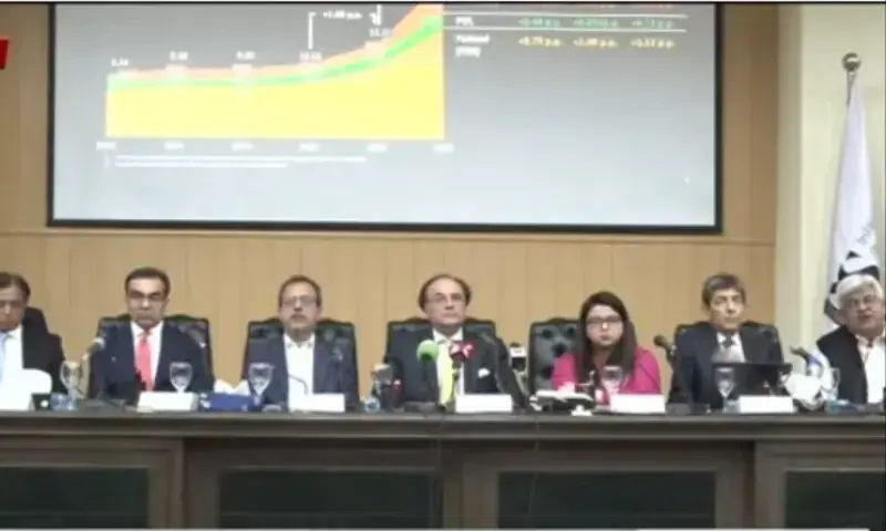 Finance Minister Muhammad Aurangzeb address a press conference with Power Minister Awais Leghari, Information Technology Minister Shaza Fatima Khawaja, Federal Board of Revenue (FBR) Chairman Rashid Mahmood Langrial and Adviser to the Prime Minister on Privatisation Muhammad Ali. &mdash; Screengrab via PTV