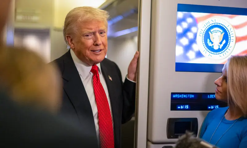 US President Donald Trump speaks to members of the press aboard Air Force One as he heads to Joint Base Andrews in Maryland after departing West Palm Beach, Florida on November 2, 2025. &mdash; AFP