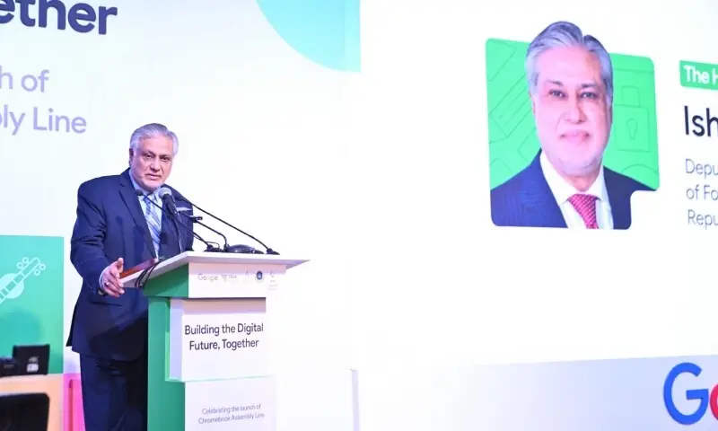 Deputy Prime Minister Ishaq Dar addresses the launch ceremony of Pakistan&rsquo;s first Google Chromebook assembly line, in Islamabad on Nov 4, 2025. &mdash; Photo courtesy FO/X