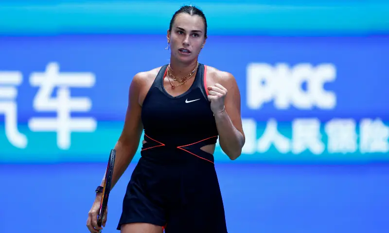 Belarus&rsquo; Aryna Sabalenka reacts during her quarter final match against Kazakhstan&rsquo;s Elena Rybakina at the Wuhan Open, Optics Valley International Tennis Centre in Wuhan, China on October 10, 2025. &mdash; Reuters