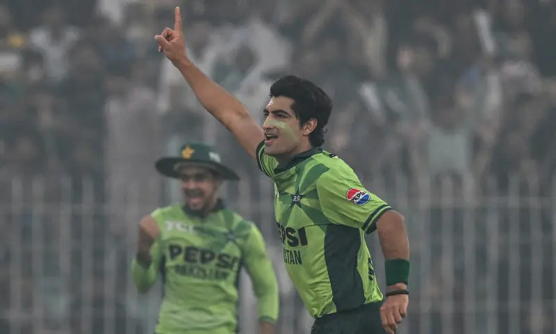 Pakistan&rsquo;s Naseem Shah (R) celebrates after taking the wicket of South Africa&rsquo;s Quinton de Kock during the first one-day international (ODI) cricket match between Pakistan and South Africa at the Iqbal Stadium in Faisalabad on November 4, 2025. &mdash; AFP