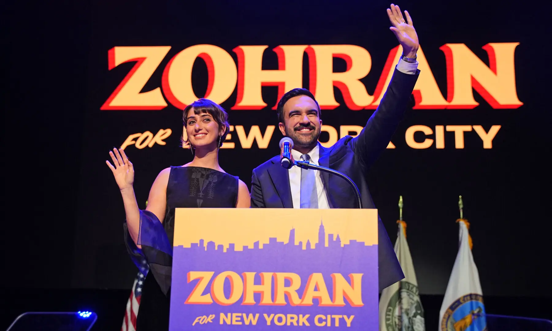 New York City Mayoral candidate Zohran Mamdani (R) celebrates alongside his wife Rama Duwaji (L) during an election night event at the Brooklyn Paramount Theater in Brooklyn, New York on Nov 4, 2025. &mdash; AFP