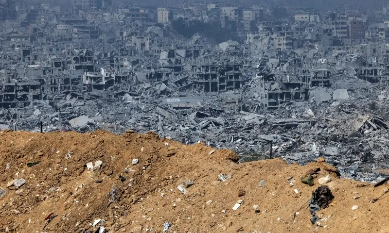 Destroyed buildings as seen from an Israeli military outpost within the borders of the &lsquo;yellow line&rsquo; in the Shujaiya neighborhood in the eastern part of Gaza City in the Gaza Strip November 5. &mdash; Reuters