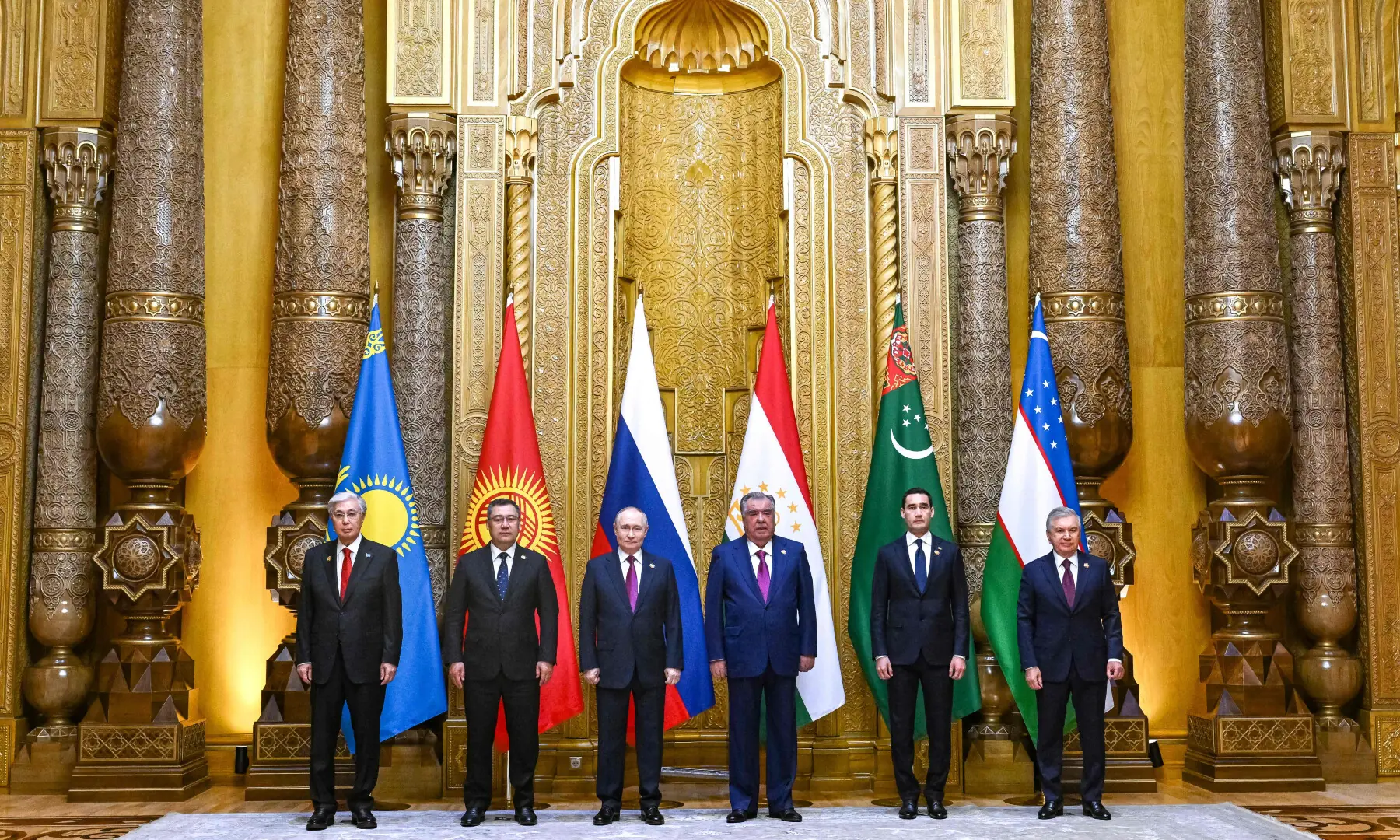 Kazakhstan&rsquo;s President Kassym-Jomart Tokayev, Kyrgyzstan&rsquo;s President Sadyr Japarov, Russia&rsquo;s President Vladimir Putin, Tajikistan&rsquo;s President Emomali Rakhmon, Turkmenistan&rsquo;s President Serdar Berdymukhamedov and Uzbekistan&rsquo;s President Shavkat Mirziyoyev pose for a family photo at the Central Asia-Russia summit in Dushanbe on Oct 9, 2025. &mdash; Sputnik via AFP/File 