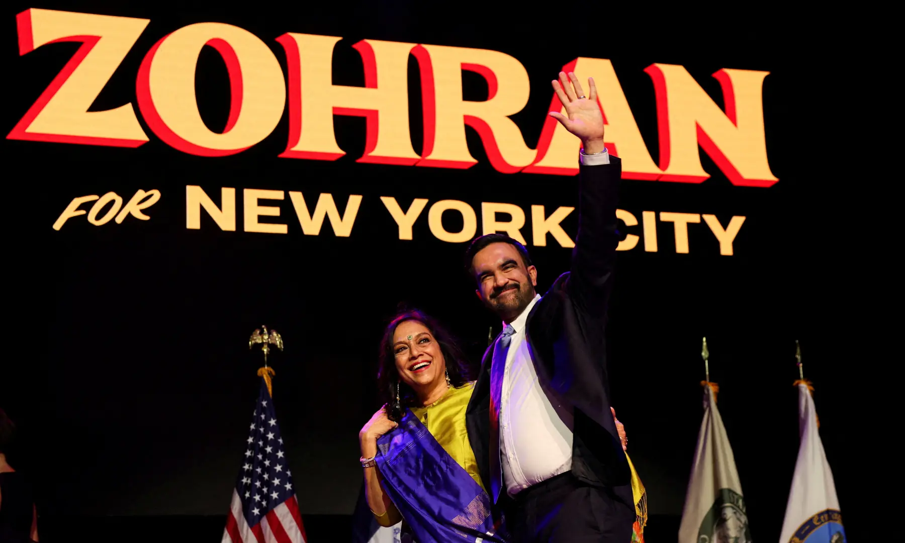 New York City mayor-elect Zohran Mamdani waves next to his mother Mira Nair onstage after winning the 2025 New York City Mayoral race, at an election night rally in the Brooklyn borough of New York City, New York, US on Nov 4, 2025. — Reuters
