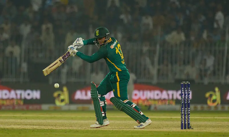 South African opener Quinton de Kock plays a shot during the second One-day International against Pakistan at the Iqbal Stadium in Faisalabad on November 6, 2025.—Courtesy PCB South African opener Quinton de Kock plays a shot during the second One-day International against Pakistan at the Iqbal Stadium in Faisalabad on November 6, 2025.—Courtesy PCB