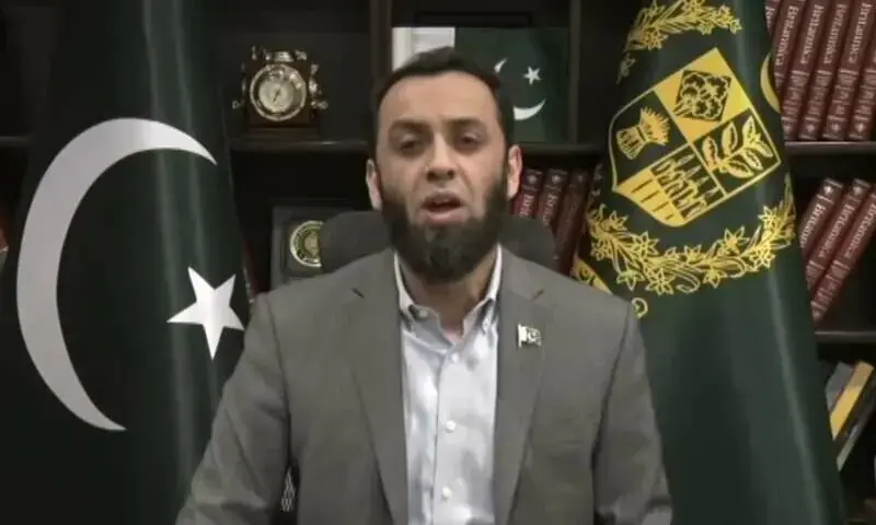 In this photo from August 29, 2025, Information Minister Attaullah Tarar speaks to the media. &mdash; DawnNewsTV