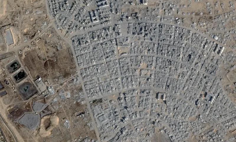 This handout satellite photo obtained from Planet Labs PBC on October 27 shows a view of Rafah&rsquo;s Tel al-Sultan area in the southern Gaza STrip taken on October 23, 2025. &mdash; AFP
