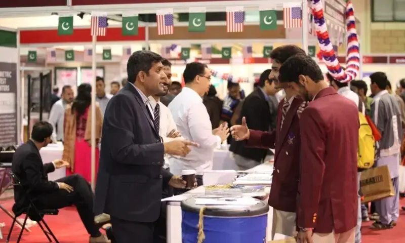 This file photo from a previous edition of the Dawn Education Expo shows students at a stall. — Dawn/File This file photo from a previous edition of the Dawn Education Expo shows students at a stall. — Dawn/File