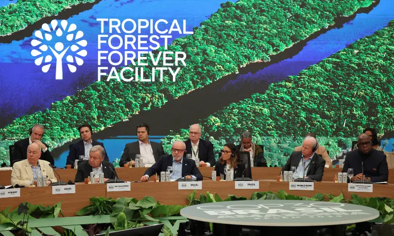 (L to R) Brazil&rsquo;s Foreign Minister Mauro Vieira, UN Secretary General Antonio Guterres, Brazil&rsquo;s President Luiz Inacio Lula da Silva, First Lady Rosangela da Silva, World Bank&rsquo;s Senior Managing Director Axel van Trotsenburg and the Democratic Republic of the Congo&rsquo;s President Felix Tshisekedi attend the Leaders&rsquo; Round Table to launch the Tropical Forest Forever Facility (TFFF) in the framework of the COP30 UN Climate Change Conference in Belem, Para State, Brazil, on November 6, 2025. &mdash; AFP