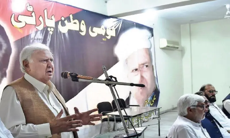 QWP chief Aftab Ahmad Khan Sherpao addresses a party gathering in Peshawar. &mdash;  INP/File