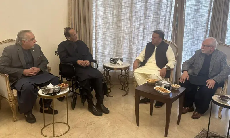 PTI leaders, led by former Federal Minister Fawad Chaudhry, meet with PML-Q President Chaudhry Shujaat Hussain and Chaudhry Shafay Hussain, the Punjab Minister for Industries and Production on Nov 6. &mdash; fawadchaudhry via X