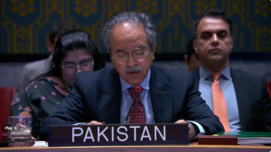 Permanent Representative of Pakistan to the UN, Ambassador Asim Iftikhar Ahmad addresses UN Security Council on the Environmental Impact of Armed Conflict and Climate-Driven Security Risks session on November 7. &mdash; Screengrab via YouTube/@Pakistan Mission to UN