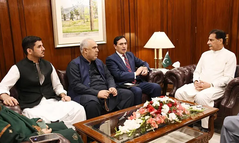 A PTI delegation, led by Chairman Barrister Gohar Ali Khan, meets National Assembly Speaker Ayaz Sadiq at Parliament House in Islamabad on November 7. — Photo courtesy NA Secretariat