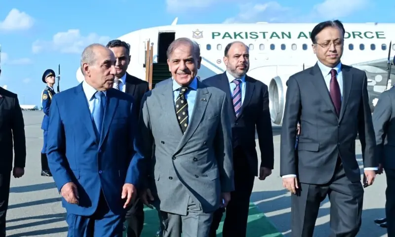 Prime Minister Shehbaz Sharif arrives in Baku, Azerbaijan for a two-day official visit on November 7. &mdash; X/@PTVNewsOfficial