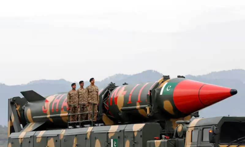 Pakistani military personnel stand beside a Shaheen III surface-to-surface ballistic missile during Pakistan Day military parade in Islamabad on March 23, 2019. — Reuters/File