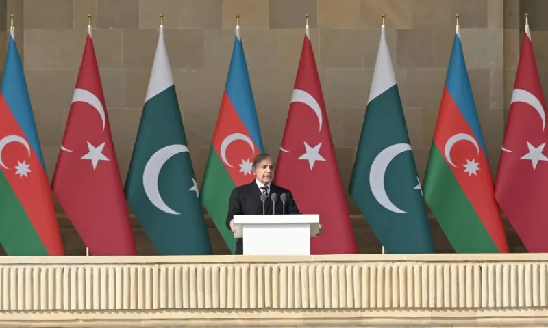 Prime Minister Shehbaz Sharif delivers a speech on Azerbaijan&rsquo;s Victory Day parade in Baku on Saturday. &mdash; X/@AzEmbPak