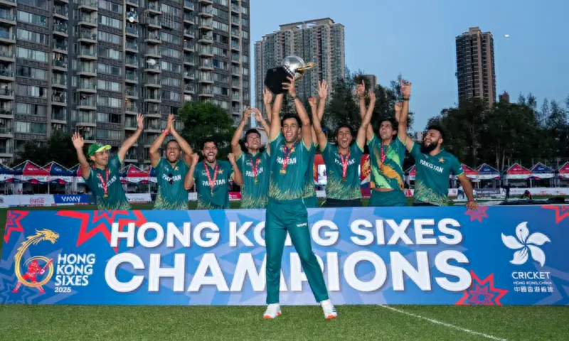 Pakistan celebrate with the Hong Kong Sixes champions trophy on Sunday. — PCB Pakistan celebrate with the Hong Kong Sixes champions trophy on Sunday. — PCB