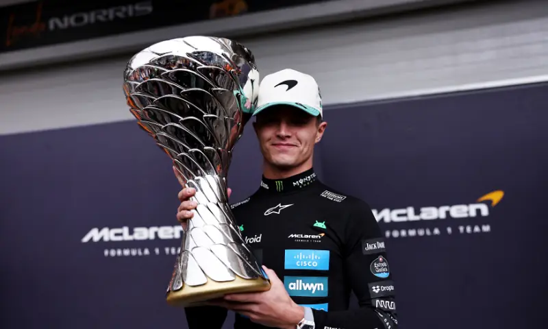 McLaren&rsquo;s Lando Norris celebrates with a trophy after winning the Sao Paulo Grand Prix Formula One F1 Sao Paulo Grand Prix at the Autodromo Jose Carlos Pace, Sao Paulo, Brazil on  November 9, 2025. &mdash; Reuters