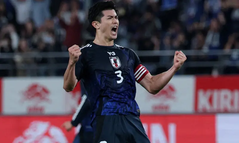 Japan&rsquo;s Shogo Taniguchi celebrates after the Japan v Brazil international friendly at the Tokyo Stadium on October 14, 2025. &mdash; Reuters