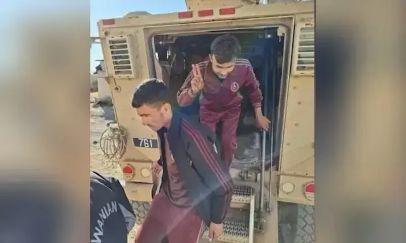 Two students emerge from an armoured vehicle after being rescued from Cadet College Wana in Waziristan on November 11, where a counter-terrorism operation is ongoing. &mdash; X/@PTVNewsOfficial