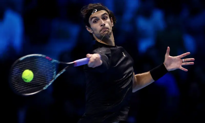 Italy&rsquo;s Lorenzo Musetti in action during his group stage match against Australia&rsquo;s Alex De Minaur during the ATP Finals at Palasport Olimpico, Turin, Italy on November 11, 2025. &mdash; Reuters