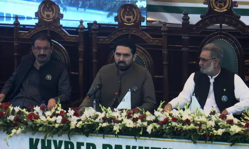 KP CM Sohail Afridi addresses a peace jirga attended by various political parties in KP Assembly on Nov 12, 2025. &mdash; screengrab via vimeo/ KP Assembly