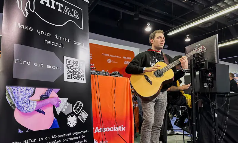Andrea Martelloni, a PhD Student at the Queen Mary University of London, demonstrates the &lsquo;HITar&rsquo;, an AI-powered augmented guitar, at the 2024 National Association of Music Merchants (NAMM) trade show in Anaheim, California, US, on January 25, 2024. &mdash; Reuters/File Photo