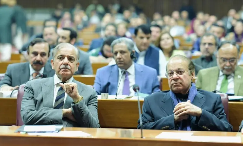 Prime Minister Shehbaz Sharif and PML-N President Nawaz Sharif in the National Assembly session on Wednesday. &mdash; White Star